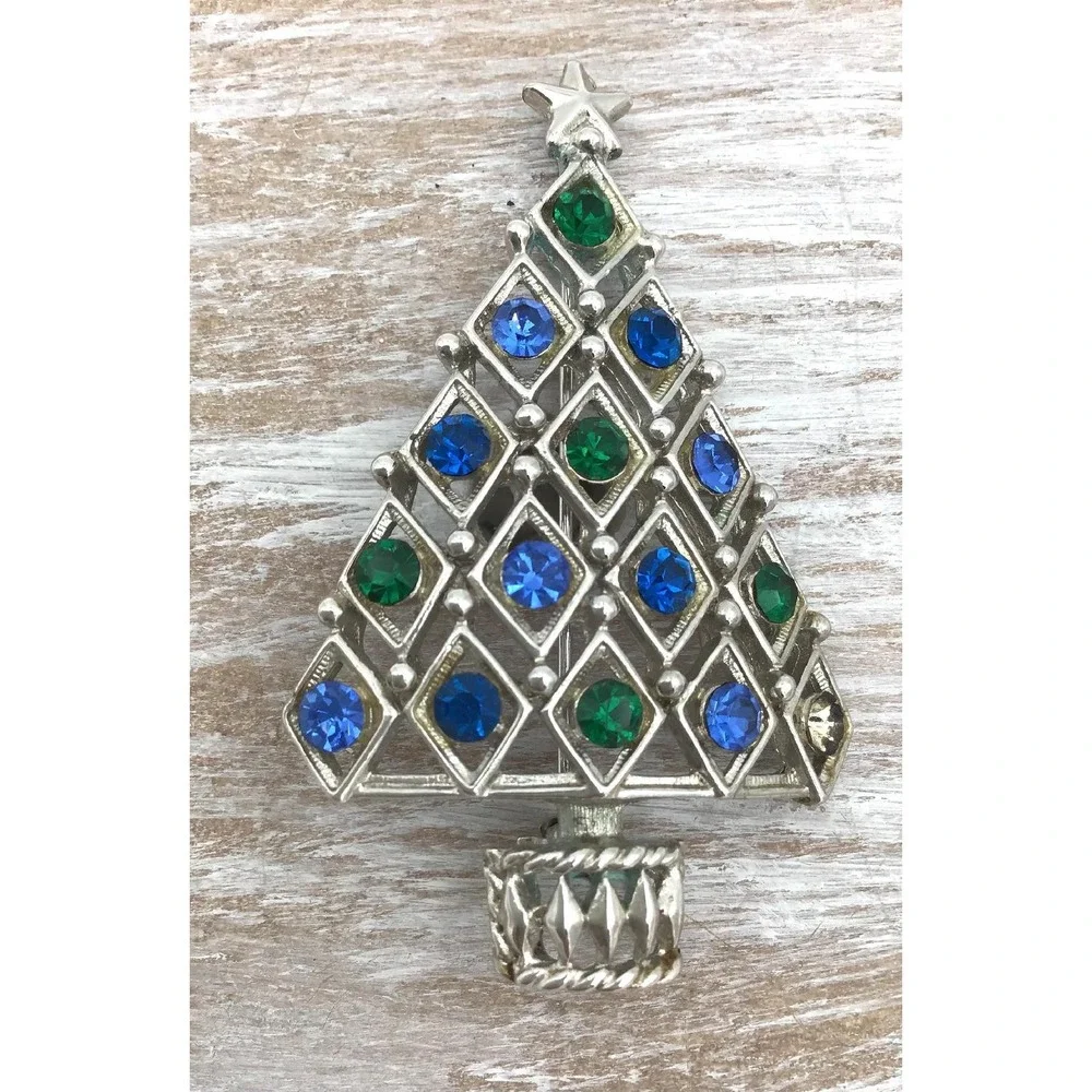 VTG Eisenberg Ice Christmas Brooch Rhinestone Silver Tree & Gold Glitter Snowman